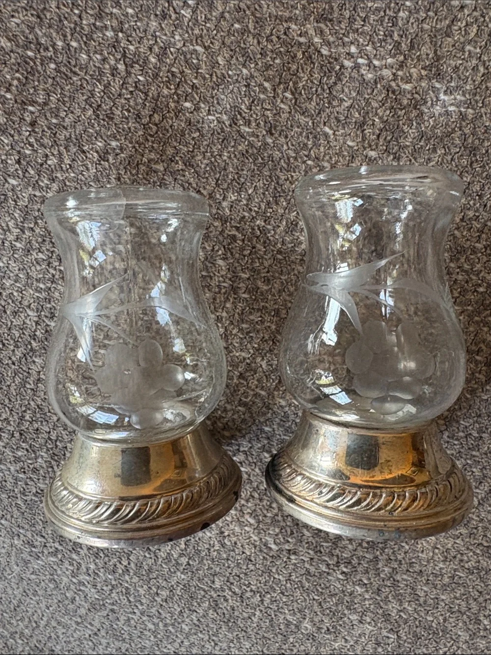QUAKER HURRICANE GORHAM Sterling Silver Vintage Glass Salt & Pepper Shaker Set